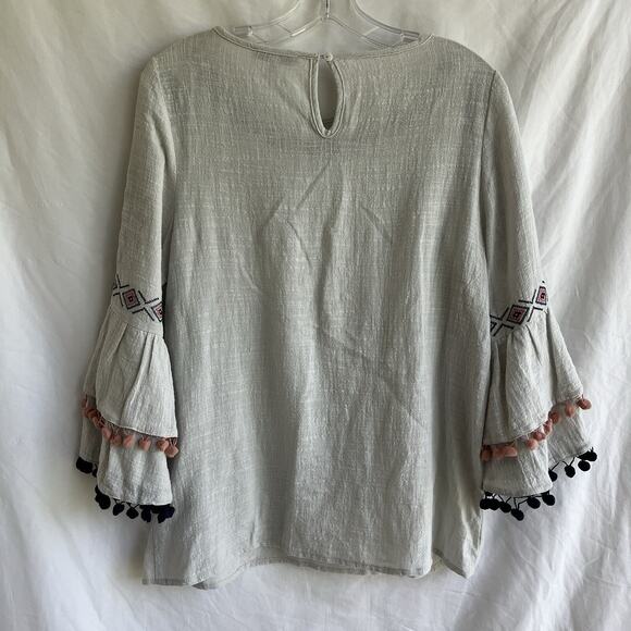 See and be Seen cotton embroidered bell sleeve top round neck pom pom details, S - Picture 5 of 7